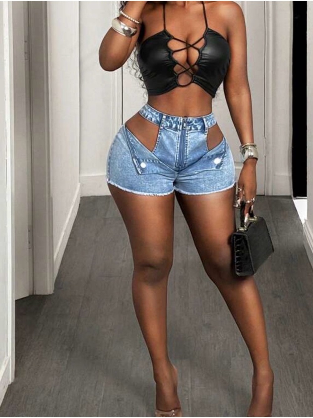 New:Cutout High-Waist Denim Shorts - Light Blue